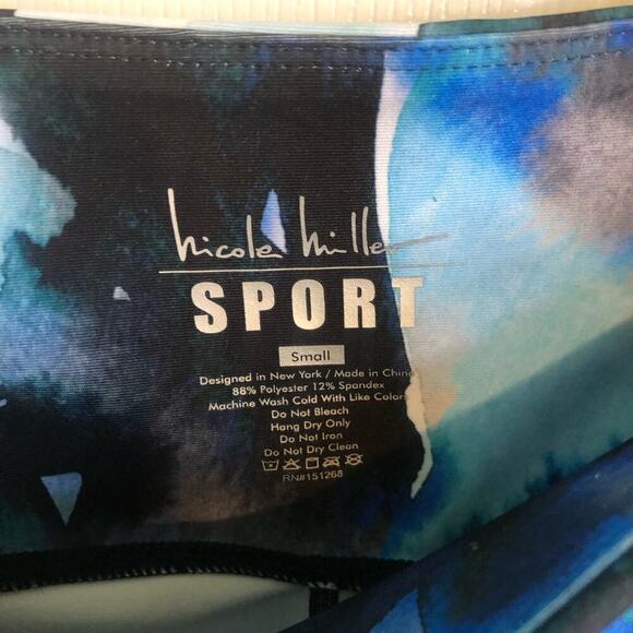 Nicole Miller Sport Size Small Athletic Leggings Blue Black Watercolor Print - Picture 2 of 7
